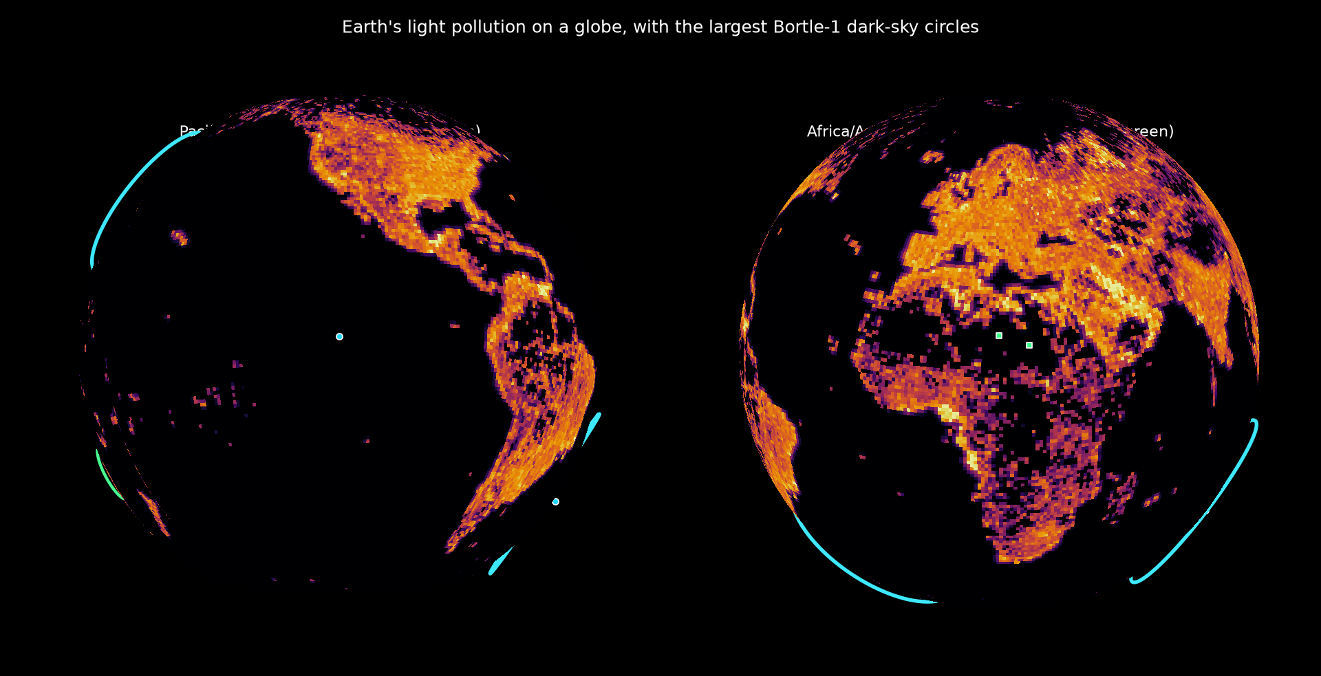 3D globe of Earth's light pollution with dark-sky circles