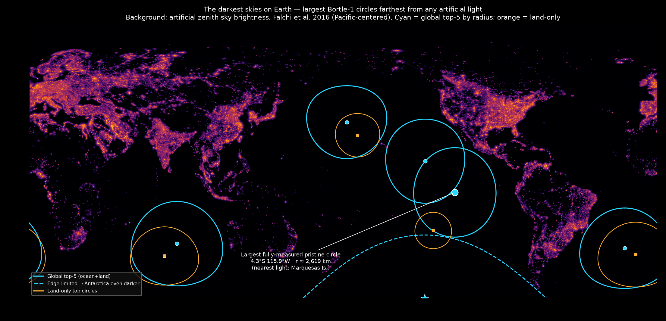 World map of the largest Bortle-1 dark-sky circles
