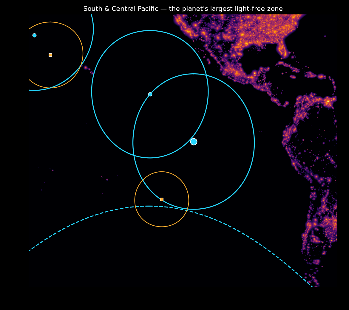 Zoom of the South and Central Pacific dark-sky circles